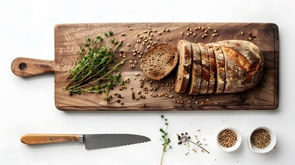 Wall Mural - Wooden board with sliced loaf of bread, wheat grains, thyme and knife on white background
