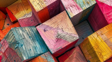 Wall Mural - A close-up of blocks colored in different colors, in a spatial illusionism, tilt-shift photography style.