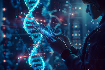 A person is holding a tablet and looking at a blue and red DNA strand