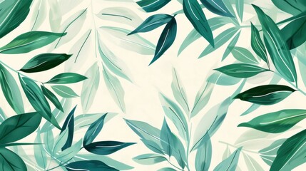 Wall Mural - A leaf pattern with green leaves is exemplified, in a simplistic vector art and watercolor illustrations style.