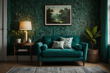 Chair and turquoise sofa in green living room interior with leaves wallpaper and table. Real photo Generative AI