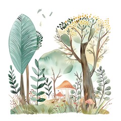 Wall Mural - Create a watercolor painting of a whimsical forest with bright colors and interesting characters