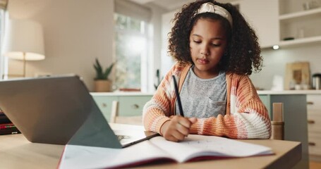 Sticker - Girl, laptop and notebook in kitchen for learning with child development or responsible for growth. Homework, online class and studying or writing exam with technology for academic progression.