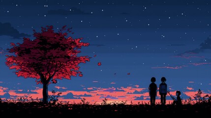 Wall Mural - Digital art moon with the scenery digital art colorful sky view, concept of fantasy of silhouette two people with aurora view in the sky 