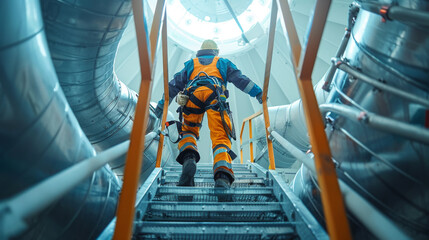 Wall Mural - An industrial worker in a high-visibility orange uniform ascending stairs within a modern industrial setting.