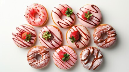 Poster - Top down view of a delicious assortment of strawberry donuts drizzled with pink frosting against a clean white background