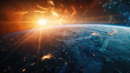 Wall Mural - The planet Earth bathed in the warm glow of a sunrise against the backdrop of space