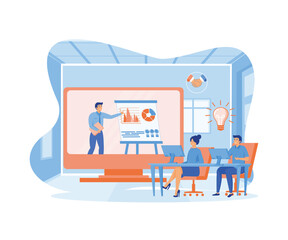 Wall Mural - Online Training Conference for Office Workers. Colleagues Sitting with Laptop at Desks Receive Knowledge from Coach. flat vector modern illustration