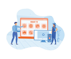 Wall Mural - Menu Smart TV on laptop. Tiny people watch video, content, applications on multimedia box tv. Modern television technology. flat vector modern illustration