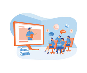 Poster - webinar and online education courses, the teacher teaches a group of students online. flat vector mo