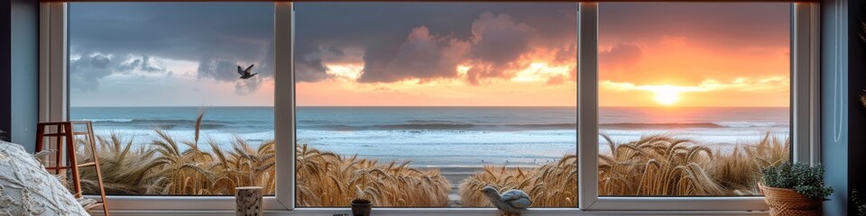Wall Mural - Stunning Ocean Sunset Viewed Through Large Window, Reflecting Warm Hues Over Quiet Beach