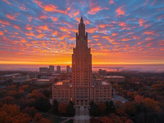 Stunning Sunrise Over a City in Kansas with Vivid Autumn Colors in Foreground