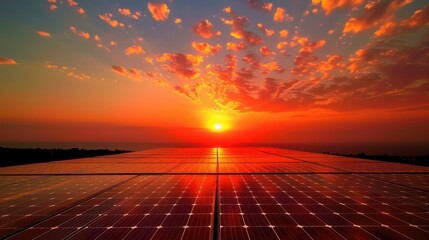 Wall Mural - Solar panels against a sunset sky. Utilize the contrast between the warm hues of the sunset and the cool tones of the solar panels