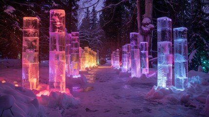 the ice sculptures illuminated with colorful lights at night, creating a magical winter wonderland