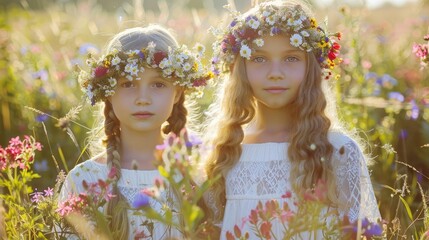 Two young girls wearing beautiful flower wreaths stand in a sunny lush meadow backdrop The floral crowns they sport symbolize the vibrant energy of the summer solstice This scene captures a