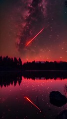 Wall Mural - a star shooting across the sky above a lake. the sky is dark and the stars are shining brightly. ver
