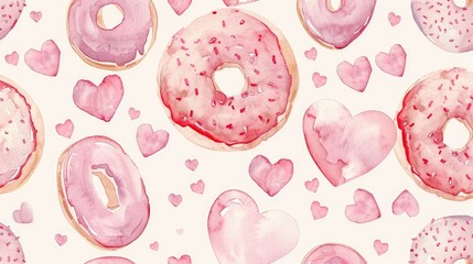 Wall Mural - An enchanting watercolor design featuring a seamless pattern of pink donuts and hearts perfect for Valentine s Day illustrations