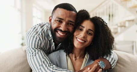 Poster - Face, love and couple with hug on sofa for romantic bonding, commitment and loyalty in marriage. Woman, man and relax with embrace in living room for support, happiness and trust in security at home