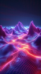 A colorful, pixelated landscape with mountains and a river