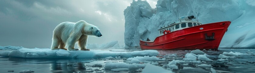 an epic photo of a polar bear standing on an ice floe next to a red boat with a large glacier in the