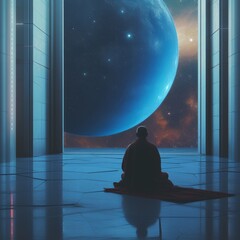 Wall Mural - muslim man praying in space, in futuristic style style