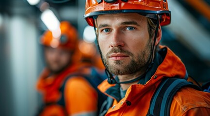 Wall Mural - A man in an orange safety suit is wearing a helmet and looking at the camera