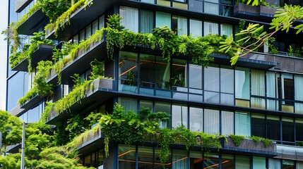 Poster - Selective focus on tree and eco friendly building with vertical garden in modern city Green tree forest on sustainable glass building Office building with green environment Go green co : Generative AI