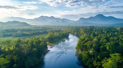 Aufkleber - Beautiful natural scenery of river in southeast Asia tropical green forest  with mountains in background aerial view drone shot : Generative AI