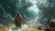© Ruslan Batiuk - Portrait of the biblical back view of Moses dividing the sea with his stick: a depiction of divine power and liberation, with towering walls of water parting to reveal a path of destiny.