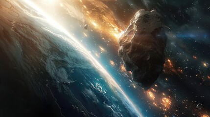Wall Mural - a giant asteroid floating in outer space poses a potential threat to our beautiful planet earth this