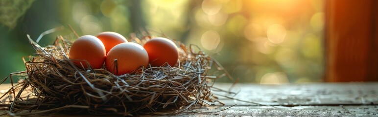 Hen laying eggs, chicks, green food concept，