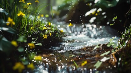 Poster - Spring background Stream of water in the forest : Generative AI