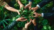 © The Little Hut - Teamwork and cooperation to conserve the green business forest of growing with plants in the hands of an ecofriendly group or team Collaboration in green business : Generative AI
