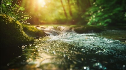 Poster - Spring background Stream of water in the forest : Generative AI