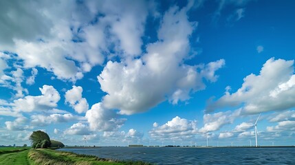 Aufkleber - offshore windmill park with clouds and a blue sky windmill park in the ocean aerial view with wind turbine Flevoland Netherlands Ijsselmeer Green energy : Generative AI