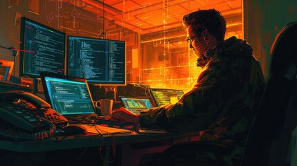 Fototapete - attractive professional software developer coding program or engineering prompt. skilled programmer 