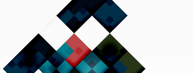 Aufkleber - A geometric shape composed of blue and red squares arranged in a triangular pattern on a white textile material. The colors create a bold contrast of violet and magenta hues in the art piece