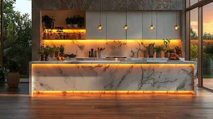 Poster - An evening scene in a minimalist kitchen, showcasing sleek white cabinets and a marble island under pendant lights, creating a warm, inviting atmosphere.