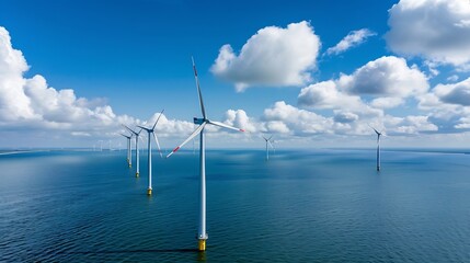 Aufkleber - offshore windmill park with clouds and a blue sky windmill park in the ocean aerial view with wind turbine Flevoland Netherlands Ijsselmeer Green energy : Generative AI