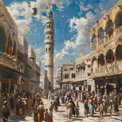 Canvas Print - people flocking to the white minaret of damascus during the umayyad reign of al-Walid I