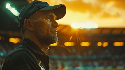 portrait of football referee, stadium, golden evening sunlight