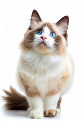  A cat with blue eyes looking up.