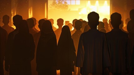 Canvas Print - Silhouettes of Muslims in a dark room back view