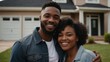 © VistaVisions - Happy young married black african american couple standing in front of their new house, concept of real estate, house sale buying