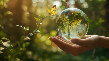 Earth crystal glass globe ball and growing tree in human hand flying yellow butterfly on green sunny background Saving environment save clean planet ecology concept Card for World Eart : Generative AI