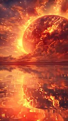 Wall Mural - a large orange planet is floating in the sky above a calm body of water. the scene is serene and pea