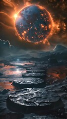 Wall Mural - a large orange planet is in the center of a dark sky. the sky is filled with clouds and the planet i