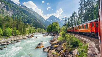 Wall Mural - The train ride along the mountain river. Train in Alps. Mountain riverside rock panorama --ar 16:9 Job ID: e683297e-44c0-4088-823d-1bbcade1539b