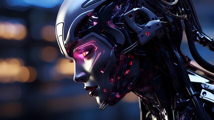 Digital technology black and purple cyberpunk robot poster background