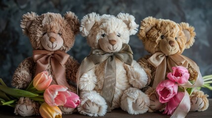 Wall Mural - The holiday gift idea involves three teddy bears adorned with charming tulip bows and ribbons